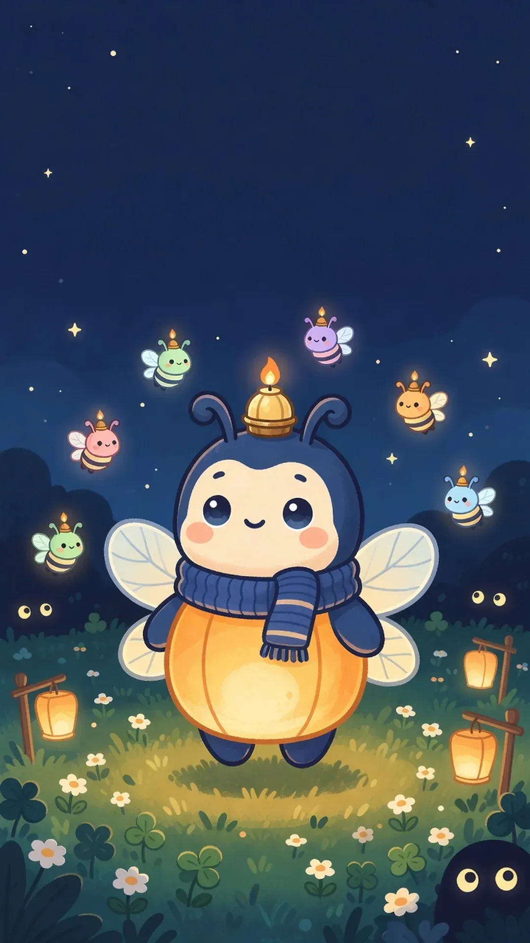 Wick, a little round firefly with a glowing amber lantern belly, hovers in a night meadow with five friend fireflies around him, paper lanterns glowing on wooden posts and the eyes of little shadow Murk peeking from the dark