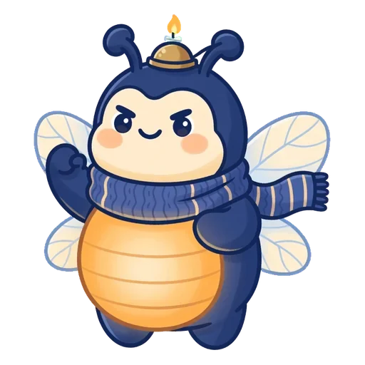 Wick, a round little firefly with a glowing amber belly, a brass cap with a tiny flame and a striped indigo scarf, raising a fist bravely