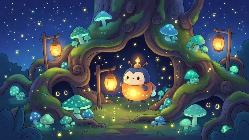 Mushroom Hollow: Wick inside a huge mossy tree hollow full of glowing teal mushrooms
