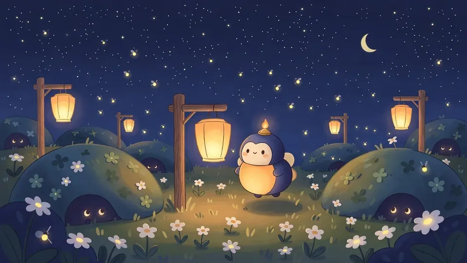 Firefly Meadow: Wick over grassy hills of clover and daisies, paper lanterns glowing on wooden posts under a crescent moon