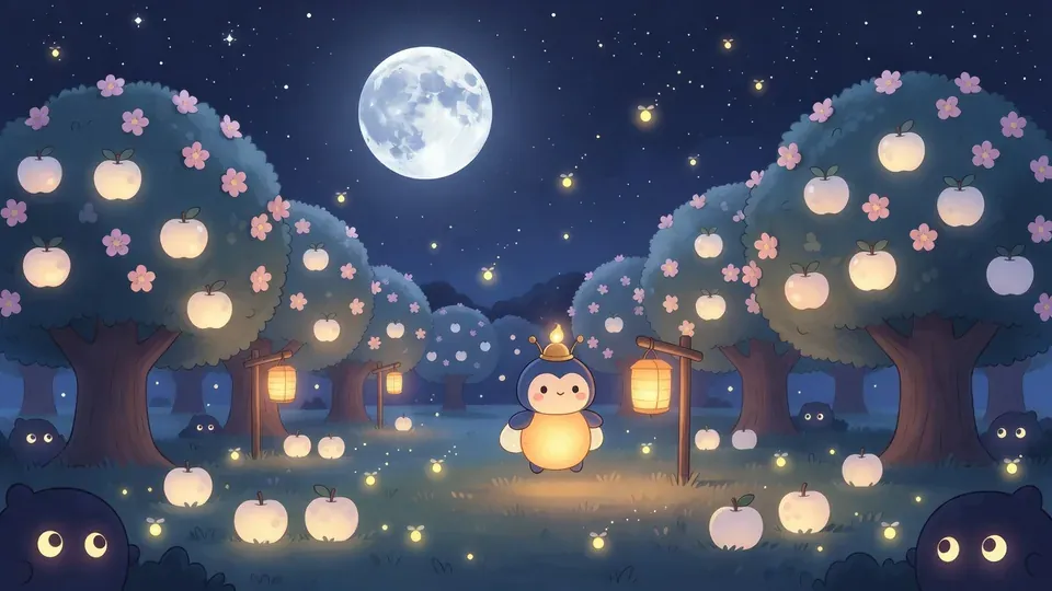 Moon Orchard: Wick under blossom trees heavy with glowing moon-apples and a big full moon