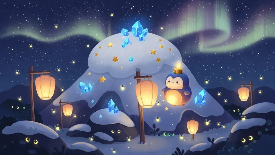 Star Peak: Wick by a snowy peak dotted with crystals and star shards, under the northern lights